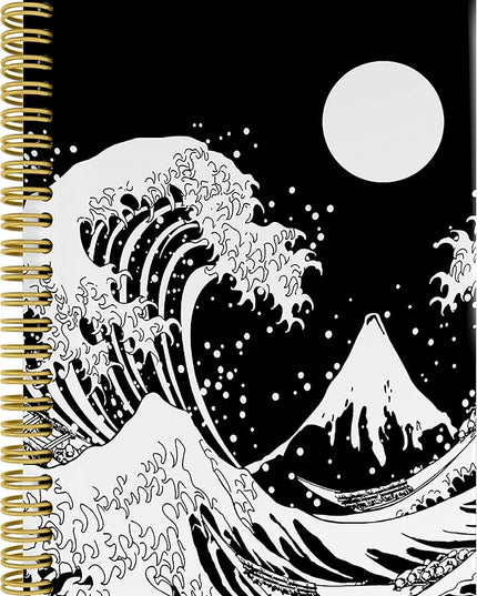 Knibeo Japanese Wave with Sun Black and White Art Lined Hardcover Spiral Notebook Journal 5.5×8.3 Inch,College Ruled Notebook for Work Notes Journaling,Gifts for Cat Lovers Women Girls