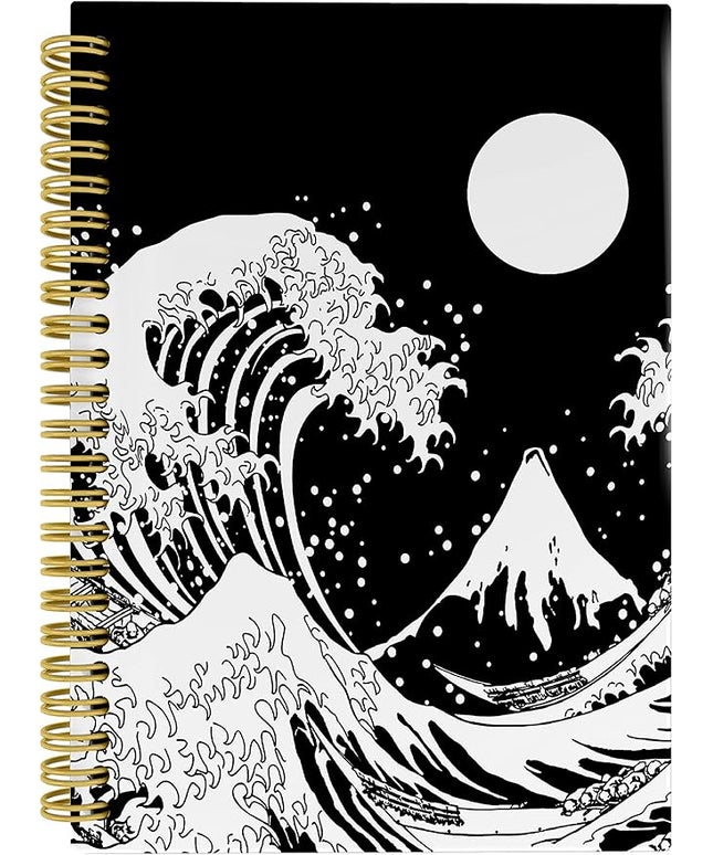 Knibeo Japanese Wave with Sun Black and White Art Lined Hardcover Spiral Notebook Journal 5.5×8.3 Inch,College Ruled Notebook for Work Notes Journaling,Gifts for Cat Lovers Women Girls