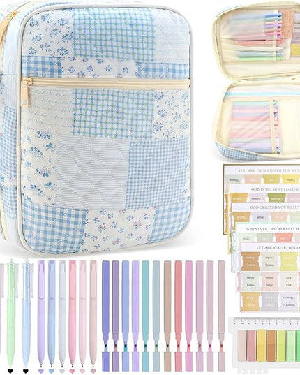 Lestp Bible Cover Case Study Supplies for Women Gifts Large Bible Cover with Highlighters Pens Tabs Cute Quilted Carrying Case Journal Kit Accessories Christian Gifts Sticky Notes D
