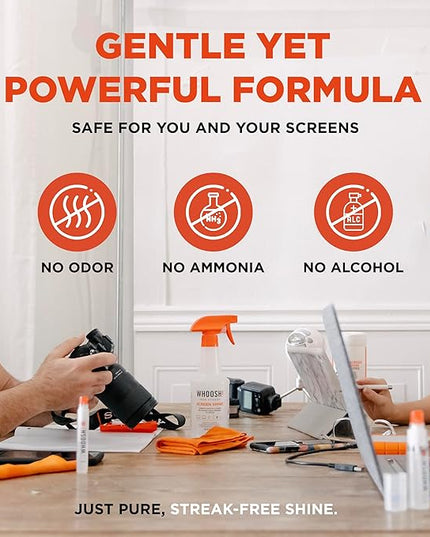 WHOOSH! Screen Shine Pro 16.9 fl oz Refillable Screen Cleaner for TV, OLED, and Monitors – Streak-Free Spray with Microfiber Cloth – Safe for Flat Screen, LCD, Smart Displays – Non-Toxic and Odorless
