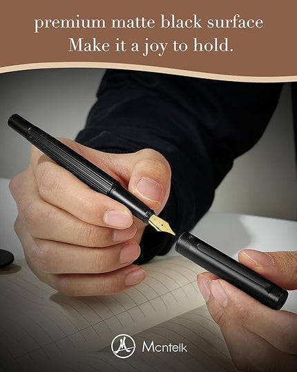 MCNTEIK Matte Black Fountain Pen, Exquisite Vertical Grooving Design, Ink Converter, 18K Gilded Nib (Extra Fine), Fancy Gift Set for Men & Women, Office, Smooth Writing Calligraphy Pens