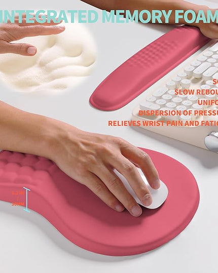 2-in-1 Ergonomic Set, Wave Rise Keyboard Wrist Rest and Massage Bulge Slope Mouse Pad Wrist Support, Cushion Memory Foam Integrated to Relieve Wrist Pain, Muskmelon Pink