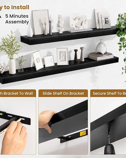 Fun Memories Floating Shelves 48 Inch, Extra Large Wood Shelf Set of 2, Hanging Wall Shelves for Bathroom, Living Room, Kitchen, Bedroom, Black