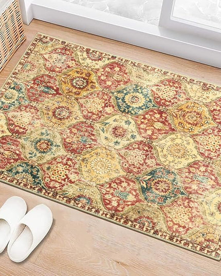 Lahome Moroccan Trellis Washable Rug, 2x3 Bathroom Rugs for Kitchen Entryway, Non-Slip Indoor Door Mat Ultra-Thin, Small Oriental Throw Carpet for Bedroom Entry, Red/Orange