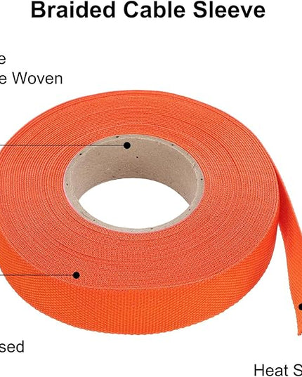 MECCANIXITY Braided Cable Sleeves Heat Shrinkable Fabric Sleeving, 5/8" 40ft Orange 2:1 Ratio Heat Shrinkable Cord Protector for Harness Cable, Network Cable Protection, Cable Management