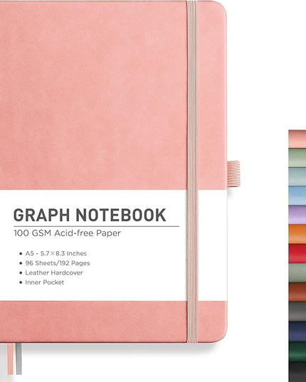 RETTACY Graph Grid Paper Notebook, 192 Pages, A5 Medium Size (5.7'' x 8.3''), 5 Squares per Inch, Leather Hardcover, 100 GSM Thick Paper, for School, Students, Math, Engineering (Pink)