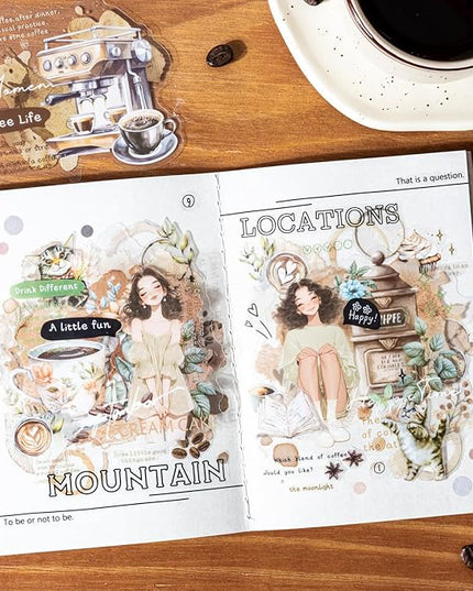 AuriicLeaf Coffee Aesthetic PET Stickers, 60 Pcs Large Collage Ephemera for Scrapbooking, Journaling, DIY Crafting, and Art Supplies