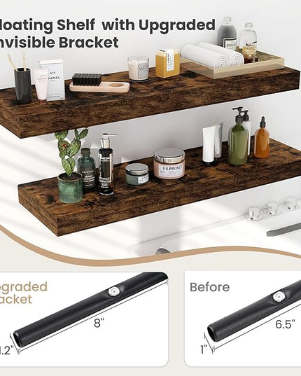 Heimlove 12" Deep Floating Shelves, 36 x 12 Inch Wall Mounted Long Floating Shelf with Invisible Brackets, for Home Decor, Bedroom, Kitchen, Living Room, Bathroom - 2 Pack, Rustic Brown