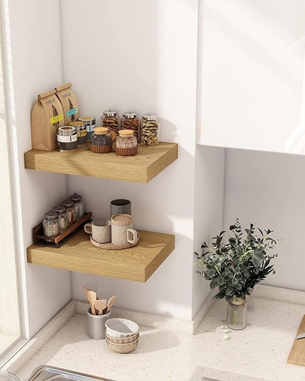 12 Inch Deep Floating Shelves, 16 x 12 Floating Shelf for Books, Rustic Wood Deep Wall Shelves for Home Storage & Display, 2" Thicked Shelves for Kitchen, Living Room, Bedroom, Oak Color, 2 Pack