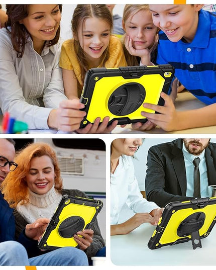 Timecity Case for iPad 9th/ 8th/ 7th Generation 10.2 inch - Heavy Duty Protective Cover with Screen Protector, Rotating Stand, Shoulder Strap & Pencil Holder | Kids-Friendly (Yellow)