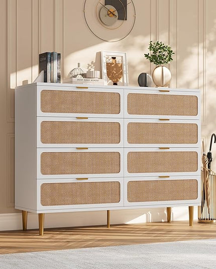 Garvee Rattan Dresser with 8 Drawers, Tall Modern Closet with Deep Storage, Large Chest of Drawers with Wide Top, Long Wooden Dresser for Bedroom, Living Room, Hallway, Kids Room, White