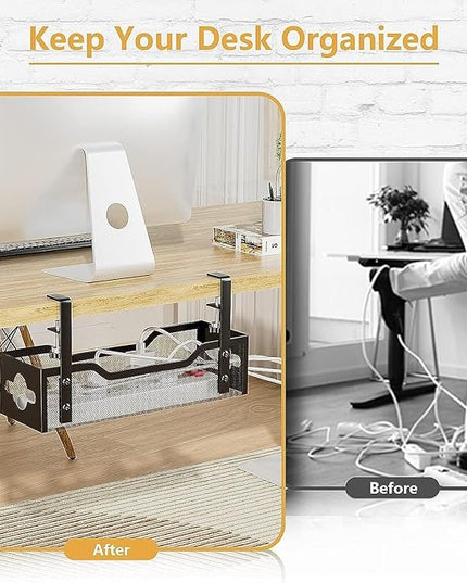 Under Desk Cable Management Tray 15.95", Quszmd Cable Organizer No Drill, Standing Cord Organizer and Wire Management Tray - No Damage to Desk, Black