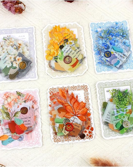 Dwpetzo 6 Assorted Watercolor Mixed Floral Leaf Collage Stickers for Journaling, 120Pcs Decorative Background PET Stickers for Scrapbooking, Junk Journal Supplies, Card Making