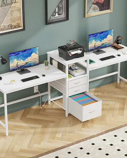 GYIIYUO 93'' Two Person Desk with Charging Station, Long Desk with 3 Drawers and Printer Shelf, Double Computer Desk, 2 Person Writing Study Table Workstation for Home Office, White