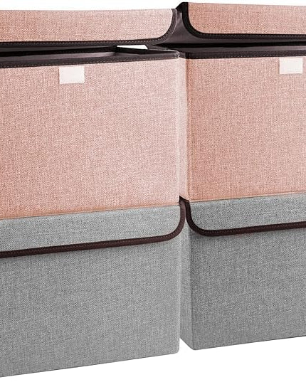 Linen Fabric Foldable Storage Cube Bin Organizer Basket with Flip-Top Lid & Handles, Large Clothes Blanket Box for Home, Office, Closet, Gray & Pink, 4 Pack 14.6 x 9.5 x 9.5”