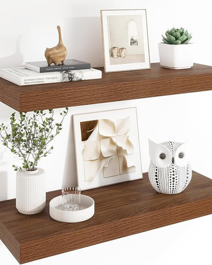 Heimlove 12" Deep Floating Shelves, 36 x 12 Inch Wall Mounted Long Floating Shelf with Invisible Brackets, for Home Decor, Bedroom, Kitchen, Living Room, Bathroom - 2 Pack, Walnut