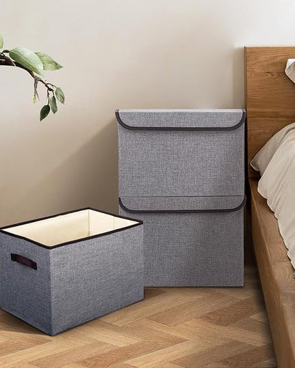 Linen Fabric Foldable Storage Cube Bin Organizer Basket with Flip-Top Lid & Handles, Large Clothes Blanket Box for Home, Office, Closet, Light Gray, 4 Pack 14.6 x 9.5 x 9.5”