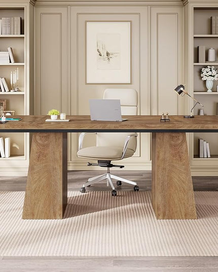 63 in Executive Desk with Power Outlets, Modern Home Office Desk with Storage Cabinet, Wood Computer Desk Business Workstation Desk Conference Table (Oak)