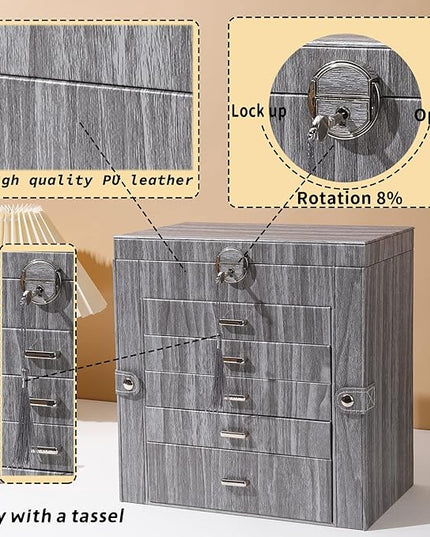 BOOVO Jewelry Box For women, 6 Layer Large Jewelry Organizer With Mirror, Accessory Holder With 5 Drawers, For Earrings Necklace Ring Bracelet (woodgrain grey)