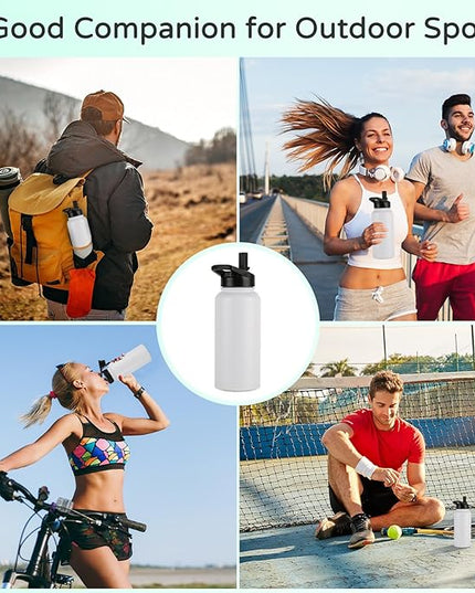 DOMICARE 32 oz Insulated Water Bottle Bulk, Vacuum Insulated Stainless Steel Sports Water Bottle with Straw Lid & Spout Lid, Leakproof, Reusable - Travel, Camping, Bike, White (4 Pack)