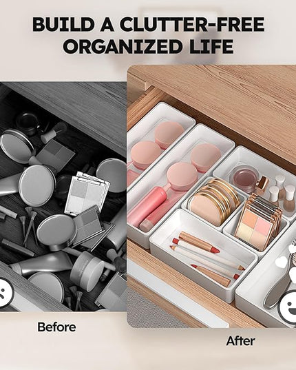 eazttouz 7 Pack Stackable Drawer Organizer Trays, Plastic Shallow Storage Bins for Bathroom Vanity, Desk Drawer, Kitchen, Makeup Organization, White (1XL+2L+2M+2S)