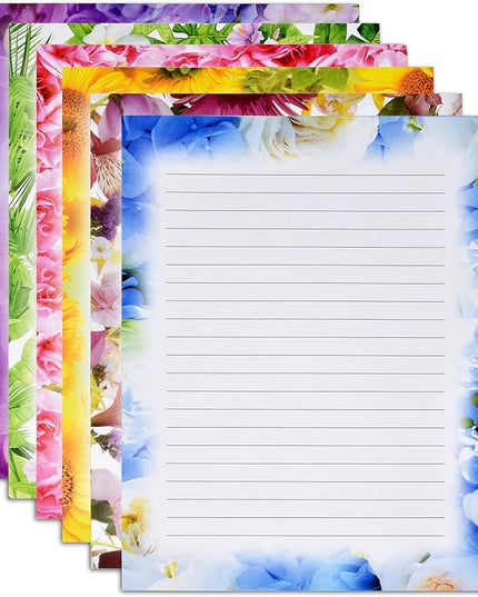 Gift Boutique 120 Pack Floral Lined Stationery Paper Letterhead Sheets, 8.5" X 11", 6 Flower Designs, Double Sided, Writing Printing Crafting Supplies