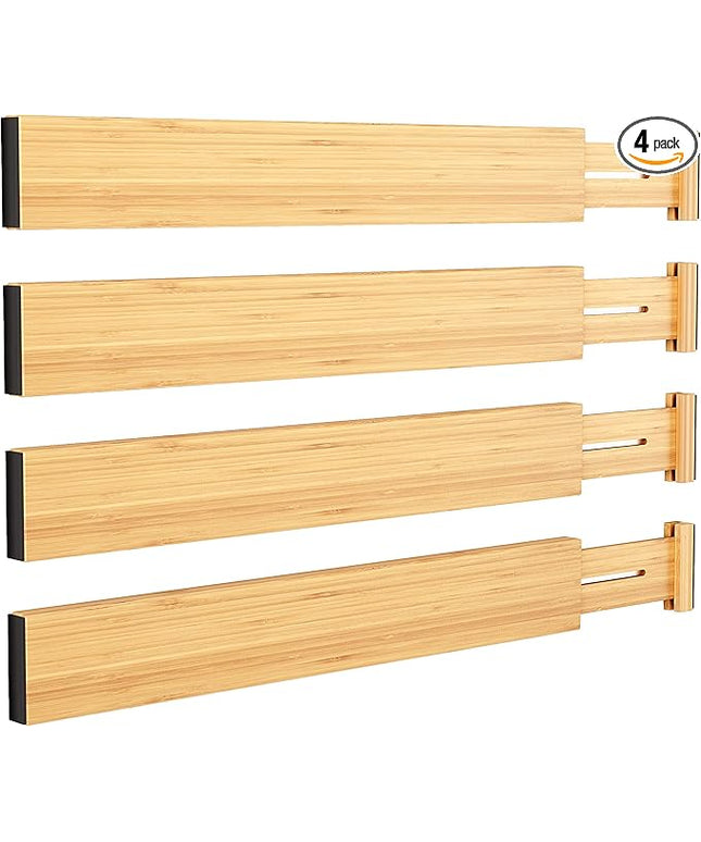 BAMEOS Drawer Divider,Expandable Bamboo Separators Adjustable Utensil Knife Fork Tool Kitchen Organizer, Clothes Fabric Drawer Organizer In Bathroom Bedroom Office, Cabinet Dresser Organizer 4-pack