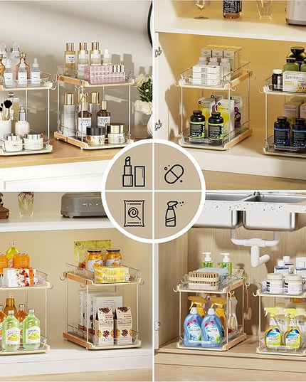 Delamu 2 Tier Bathroom Under Sink Organizers and Storage with Hook, Multi-Purpose Cabinet Drawers with Movable Dividers, Pull Out Organization for Countertop, Kitchen and Pantry(Wood Grain, 2 Pack)