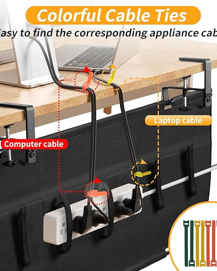 No Drill Under Desk Cable Management Tray, 28" Cord Organizer with Clamp, Fabric Cable Management for Standing Desks, Ideal for Home & Office - Black