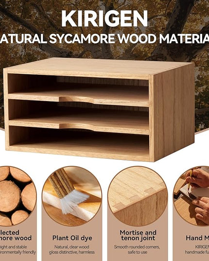KIRIGEN Wooden Desktop Organizer Paper Storage Letter Tray File Sorter - Desk Rack Magazine File Dividers Holders for Home Office Accessories Wood Desk Cabinet with 3 Layer Trays Natural(3KWJG-NA)