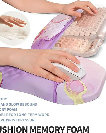 2-in-1 Ergonomic Set, Wave Keyboard Wrist Rest and Massage Slope Mouse Pad Wrist Support, Rebound Memory Foam for Relieve Carpal Tunnel Syndrome and Wrist Pain (Pink Purple Marble)