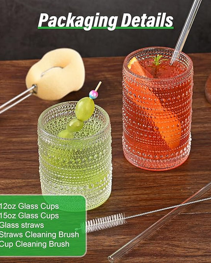 Vintage Glassware Drinking Glasses Set of 12,Clear 12oz & 15oz Hobnail Glass Cups,Embossed Water Tumbler,for Beer,Cocktail,Whiskey,Juice and Various Mixed Drinks- 1 Cleaning Brush