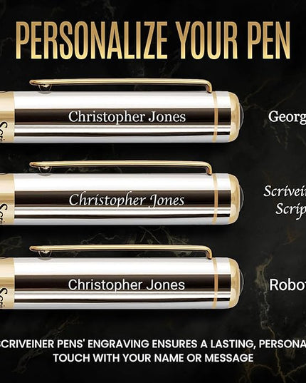 Scriveiner Personalized Silver Chrome Fountain Pen - Stunning Luxury Pen, Real Gold Plating, Schmidt Gilded Nib (Medium) Best Engraved Pen Gift Set for Men & Women, Custom Name Engraving