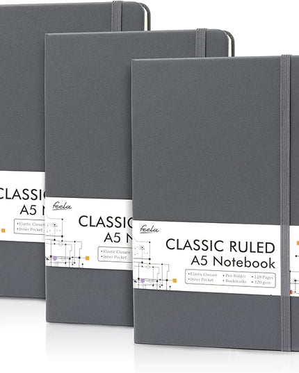 feela 3 Pack Notebooks Journals Bulk with 3 Black Pens, A5 Hardcover Notebook Classic Ruled Lined Journal Set with Pen Holder for Work Business Journaling Note Taking, 120 GSM, 5.1”x8.3”, Gray