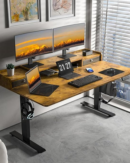 63 x 30 Inch Electric Standing Desk with 2 Drawers, Adjustable Height Widened Stand Up Desk with Storage, Sit to Stand Ergonomic Workstation for Home Office, Rustic Brown