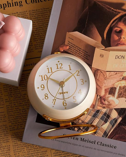 rjuwurv Metal Desk Clock, Retro Bedroom Table Vintage Analog Alarm Clock, Silent Non-Ticking Gold Clock, Bedside Décor(Milk White)
