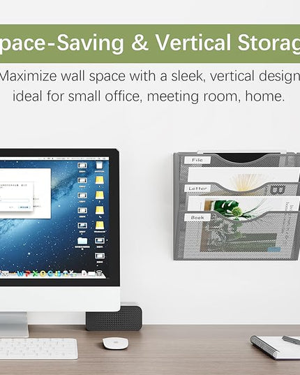 EasyPAG Hanging Wall File Organizer, 3 Pocket Wall Mounted Mail Organizer, Vertical Document Folder Holder with Nametag Label, Space Saving Paper Storage Magazine Rack for Office Home School, Silver
