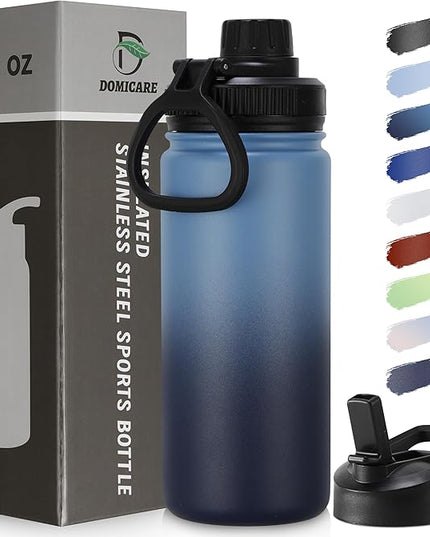 DOMICARE 16 oz Kids Water Bottle for School Stainless Steel Double Wall Vacuum Insulated Water Bottle with Straw lids & Spout Lid, Leakproof BPA Free (Blue/Navy,1)