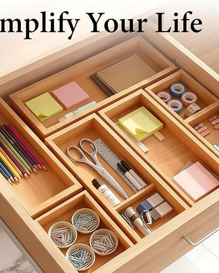 Bamboo Drawer Organizer 5 Pcs for Kitchen Multi-purpose Storage Dividers for Kitchen, Office, Jewelry, Cosmetics, Wooden Drawer Dividers for Drawer Organizer Desk Organizer Gift for Women Gifts Idea