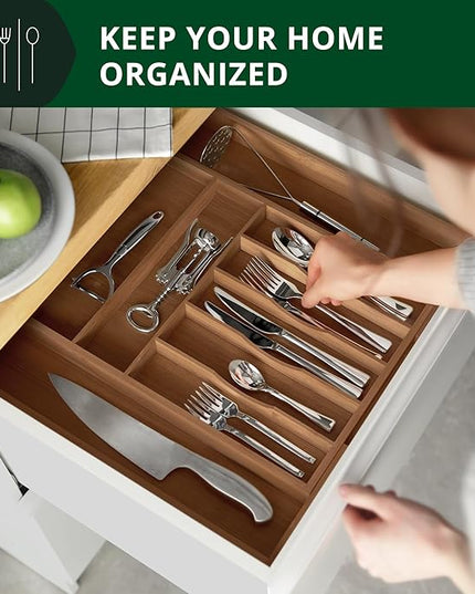 ROYAL CRAFT WOOD Luxury Bamboo Kitchen Drawer Organizer - Silverware Organizer - Utensil Holder and Cutlery Tray with Grooved Drawer Dividers for Flatware and Kitchen Utensils (9 Slot, Brown Bamboo)