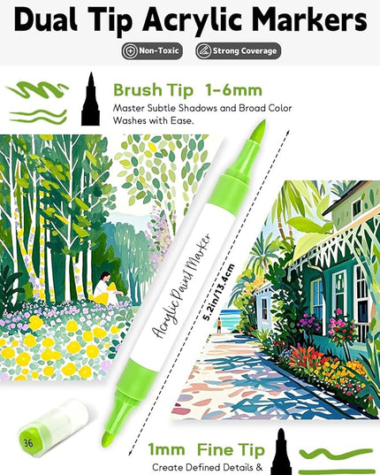 YHC 48 Colors Acrylic Paint Pens with Free App, Dual Tip Acrylic Paint Markers with Brush Tip and Fine Tip for Adults, Eggs, Wood, Rock, Canvas, Plastic, Stone, Glass, Ceramic