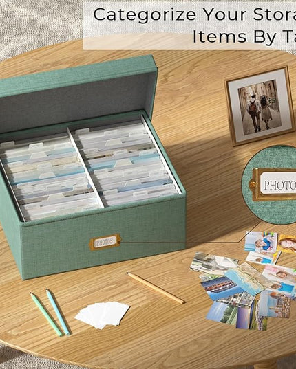 Decorative Photo Storage Box - 2 Pack Linen Photo Box Organizer with Dividers, Fits Holds Up to 1700 Pictures and 4x6 Photos, Memory Keepsake Organizer for Scrapbook Supplies, Cards, Stamps (Green)