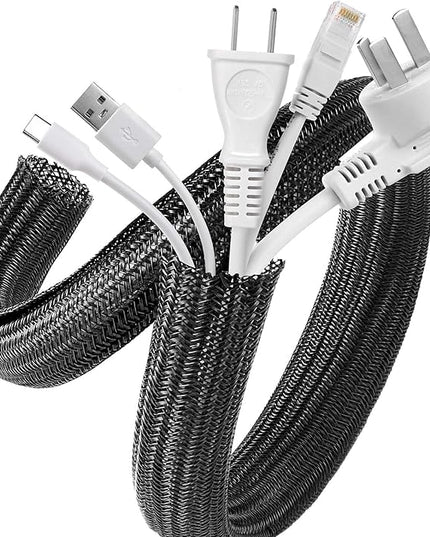 AGPTEK Cable Sleeve Cover, 10ft - 1 inch Desk Cord Organizer Cable Hider, Home Office Wire Management Computer TV Wire Loom Tubing, Pet Proof Cord Protector, from Cat Dog Chewing, Black