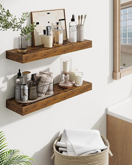 Fun Memories Floating Shelves Set of 2, 24 Inch Floating Shelves for Wall, Wood Wall Shelves with Invisible Brackets, for Bathroom, Bedroom, Living Room, Kitchen, Rustic Brown