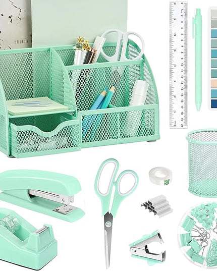Green Office Desk Accessories Supplies, 12pcs Desk Organizers and Accessories with Tape dispenser and Stapler,Staples,Staple Remover,Pen Holder,Scissor,Ruler,Sticky Tabs,Tape,Ballpoint Pen,Clips Set