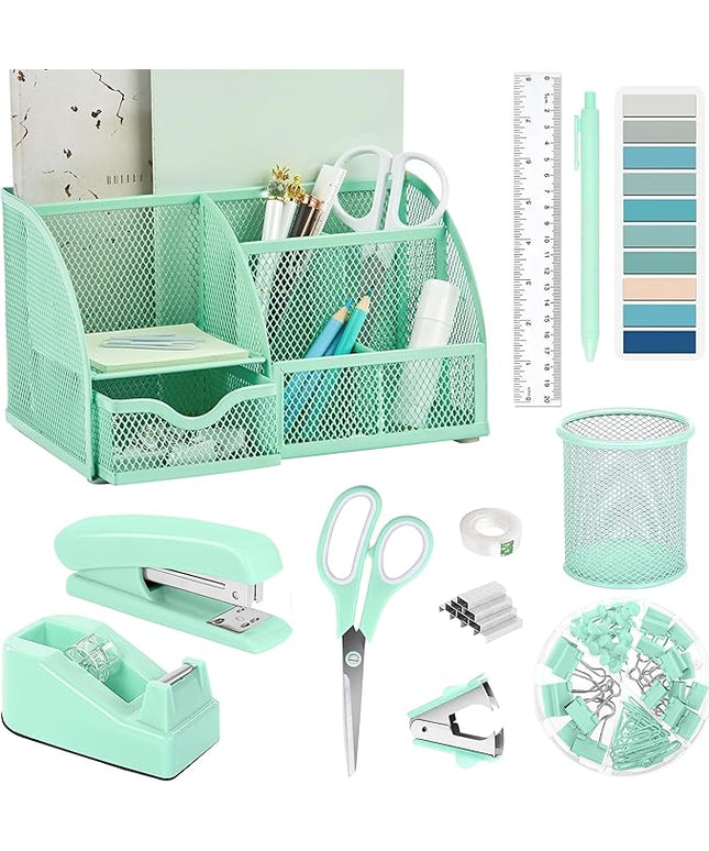 Green Office Desk Accessories Supplies, 12pcs Desk Organizers and Accessories with Tape dispenser and Stapler,Staples,Staple Remover,Pen Holder,Scissor,Ruler,Sticky Tabs,Tape,Ballpoint Pen,Clips Set