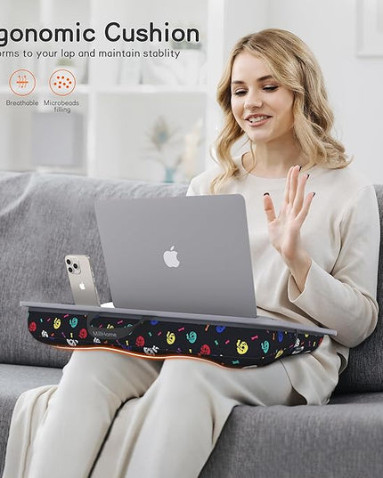 Millhome Lap Desk | Portable Laptop Desk – Fits Up to 17.3" Laptops – Detachable & Washable Cushion, Phone Holder, Device Ledge – for Writing, Working, Reading on Bed, Couch, Sofa, Floor – Black Skull