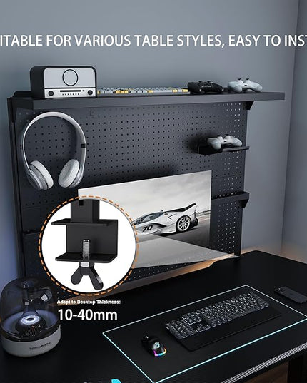 KEIKI Clamp-On Desk Pegboard with Single Monitor Stand, 43" x 35" Steel Peg Board Office Organizer with Hooks, Movable Panel & Shelf for Office Supplies, Gaming Setup & Desk Organization, Black