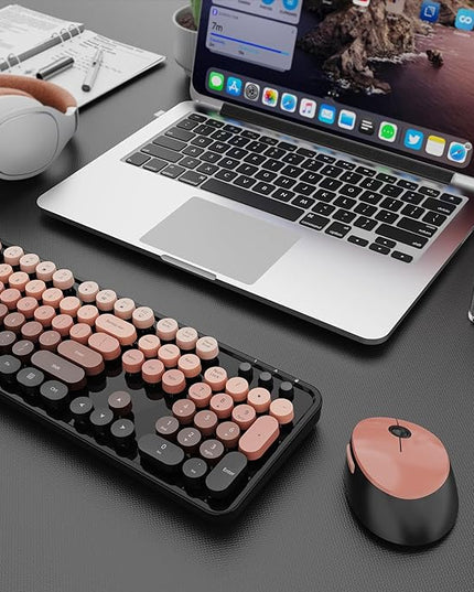 Wireless Keyboard and Mouse Combo, Ergonomic Full Size Typewriter Retro Round Keycaps Keyboard, Compatible with Windows, PC, Perfer for Home and Office Keyboards (Aurora Red)