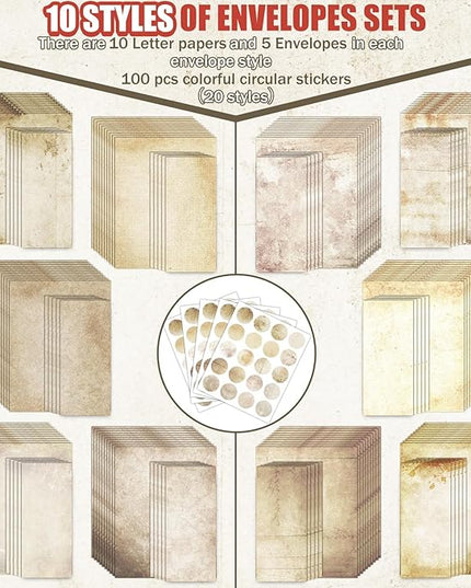 EggSun 250Pcs Vintage Kraft Stationery Paper and Envelope Set with 100 Letterhead Papers and 50 Envelopes, 10 Design for Letter Writing Invitations Computer Holidays Party Notes, 8.5x11 Inch-Retro
